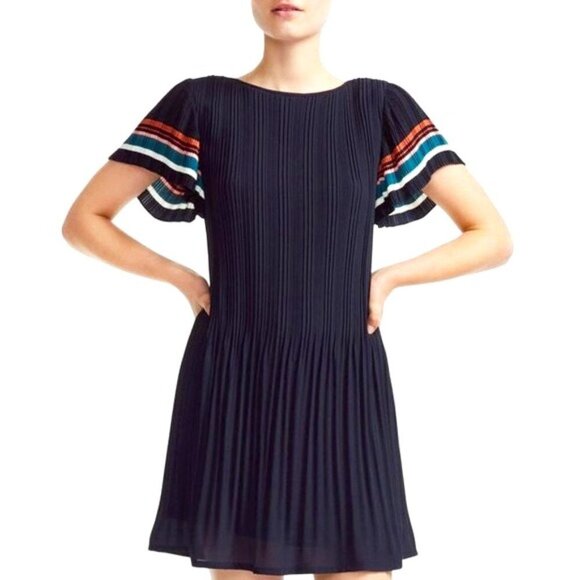 Maje Rolini Pleated Striped Flutter Sleeve Mini Dress Size 3